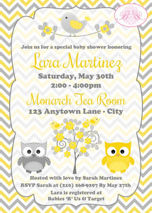 Yellow Grey Owl Baby Shower Invitation Boy Girl Bird Party Little Lemon Tree Boogie Bear Invitations Lara Theme Paperless Printable Printed