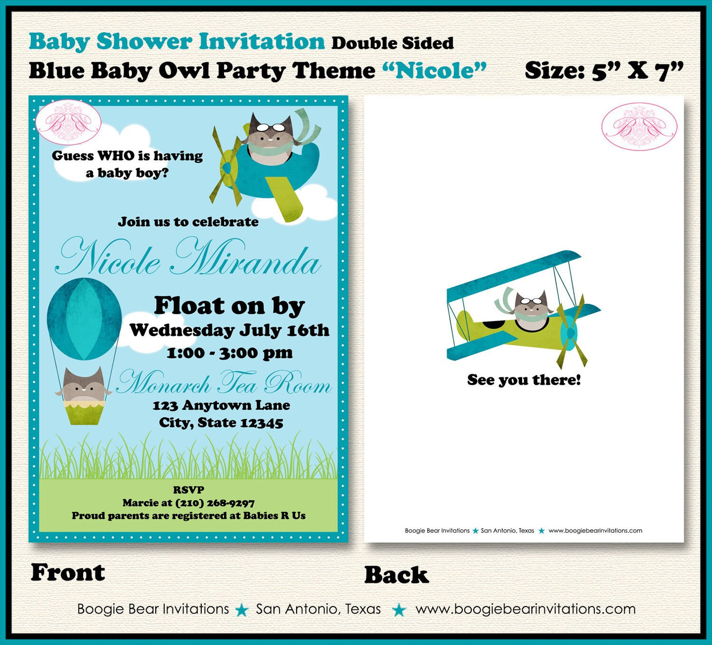 Blue Aviator Owl Baby Shower Invitation Party Airplane Flying Pilot Boy Fly Boogie Bear Invitations Nicole Theme Paperless Printable Printed