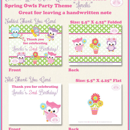 Spring Owls Party Thank You Card Birthday Easter Grow Flower Garden Bird Woodland Animals Pink Boogie Bear Invitations Lorelei Theme Printed