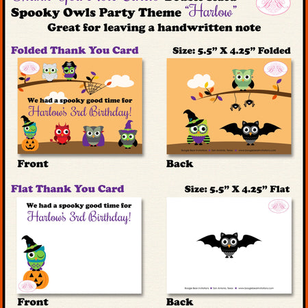 Halloween Owls Party Thank You Card Note Birthday Girl Boy Spooky Woodland Animal Pumpkin Witch Boogie Bear Invitations Harlow Theme Printed