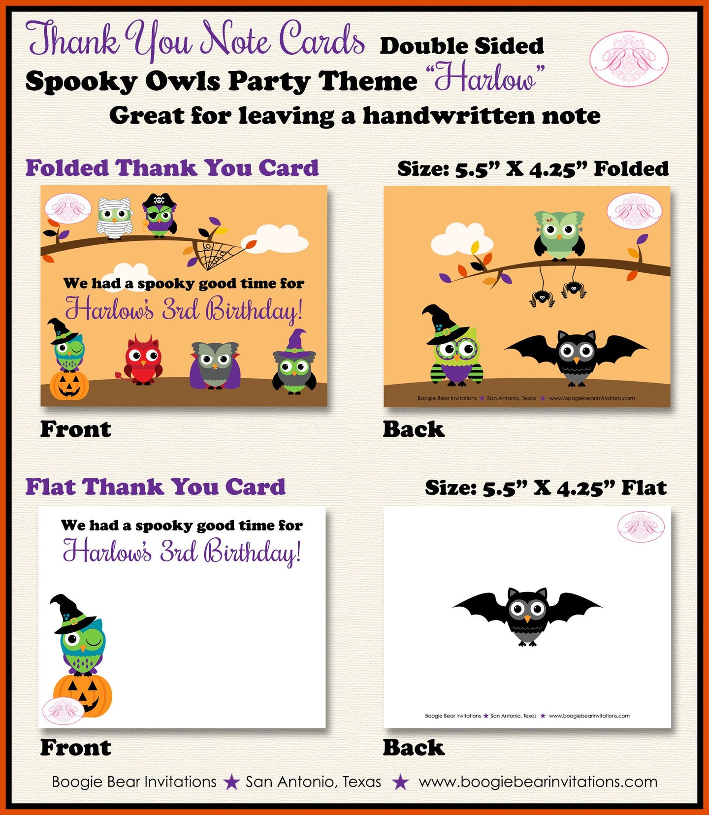 Halloween Owls Party Thank You Card Note Birthday Girl Boy Spooky Woodland Animal Pumpkin Witch Boogie Bear Invitations Harlow Theme Printed