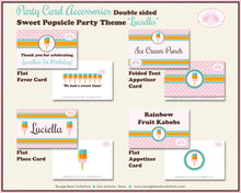 Load image into Gallery viewer, Pink Popsicle Birthday Party Favor Card Tent Place Sign Appetizer Girl Aqua Sweet Ice Cream Boogie Bear Invitations Luciella Theme Printed