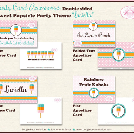 Pink Popsicle Birthday Party Favor Card Tent Place Sign Appetizer Girl Aqua Sweet Ice Cream Boogie Bear Invitations Luciella Theme Printed