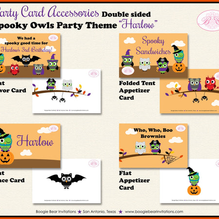 Halloween Owls Birthday Party Favor Card Tent Place Sign Appetizer Girl Boy Spooky Bat Spider Boogie Bear Invitations Harlow Theme Printed