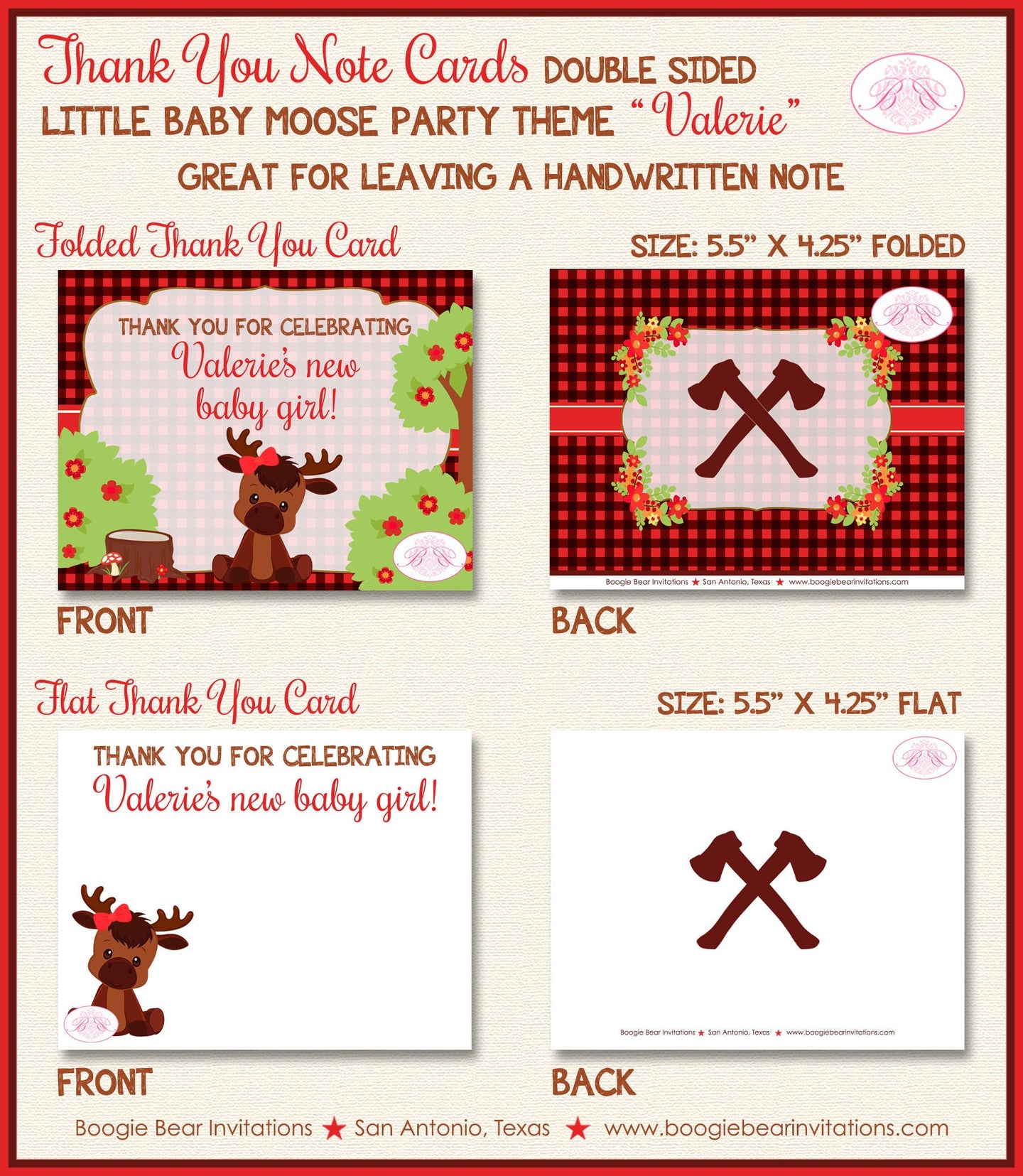 Little Moose Baby Shower Thank You Card Red Girl Boy Forest Woodland Animals Calf Party Plaid Boogie Bear Invitations Valerie Theme Printed