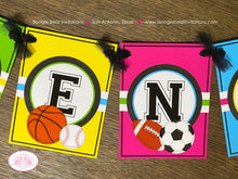 Load image into Gallery viewer, Sports Birthday Name Party Banner Girl Pink Yellow Green Blue Football Basketball Soccer Baseball Game Boogie Bear Invitations Arlene Theme