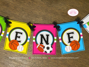 Sports Birthday Name Party Banner Girl Pink Yellow Green Blue Football Basketball Soccer Baseball Game Boogie Bear Invitations Arlene Theme