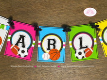 Load image into Gallery viewer, Sports Birthday Name Party Banner Girl Pink Yellow Green Blue Football Basketball Soccer Baseball Game Boogie Bear Invitations Arlene Theme