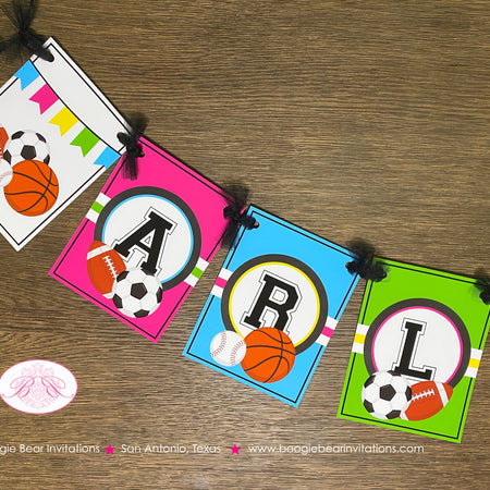 Sports Birthday Name Party Banner Girl Pink Yellow Green Blue Football Basketball Soccer Baseball Game Boogie Bear Invitations Arlene Theme