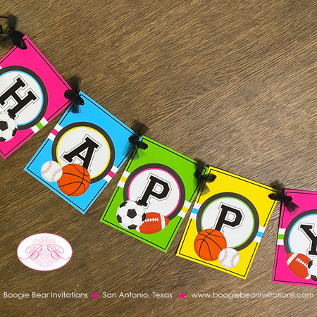 Sports Happy Birthday Party Banner Girl Pink Yellow Green Blue Baseball Soccer Basketball Football Game Boogie Bear Invitations Arlene Theme