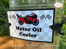 Load image into Gallery viewer, Red Motorcycle Party Beverage Card Wrap Birthday Drink Label Boy Girl Checkered Flag Black Enduro Racing Boogie Bear Invitations Cody Theme