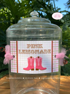 Pink Cowgirl Party Beverage Card Wrap Drink Label Sign Birthday Girl Country Farm Cowboy Boots Plaid Boogie Bear Invitations Olivia Theme