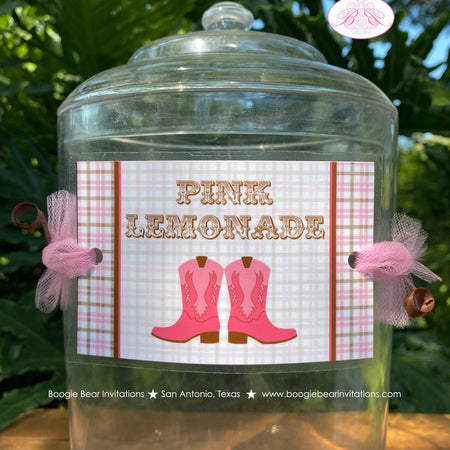 Pink Cowgirl Party Beverage Card Wrap Drink Label Sign Birthday Girl Country Farm Cowboy Boots Plaid Boogie Bear Invitations Olivia Theme