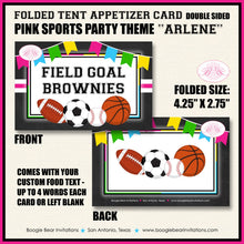 Load image into Gallery viewer, Sports Birthday Party Favor Card Appetizer Food Place Sign Label Girl Chalkboard Pink Ball Baseball Boogie Bear Invitations Arlene Theme