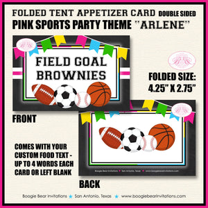 Sports Birthday Party Favor Card Appetizer Food Place Sign Label Girl Chalkboard Pink Ball Baseball Boogie Bear Invitations Arlene Theme