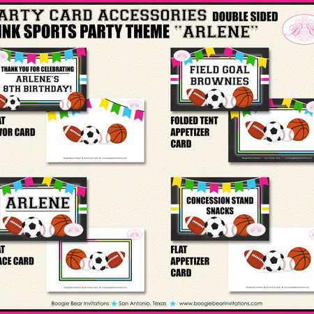 Sports Birthday Party Favor Card Appetizer Food Place Sign Label Girl Chalkboard Pink Ball Baseball Boogie Bear Invitations Arlene Theme