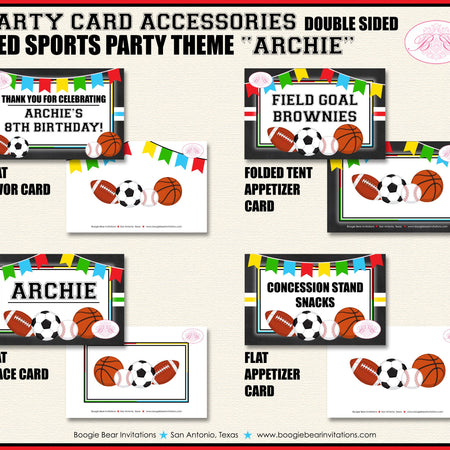 Sports Birthday Party Favor Card Appetizer Food Place Sign Label Girl Boy Chalkboard Baseball Red Ball Boogie Bear Invitations Archie Theme