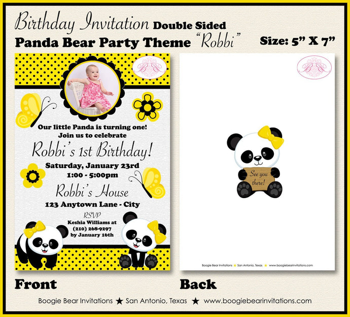 Panda Bear Birthday Party Invitation Photo Girl Yellow Black Wild Zoo Jungle Boogie Bear Invitations Robbi Theme Paperless Printable Printed