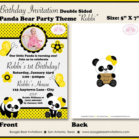 Panda Bear Birthday Party Invitation Photo Girl Yellow Black Wild Zoo Jungle Boogie Bear Invitations Robbi Theme Paperless Printable Printed