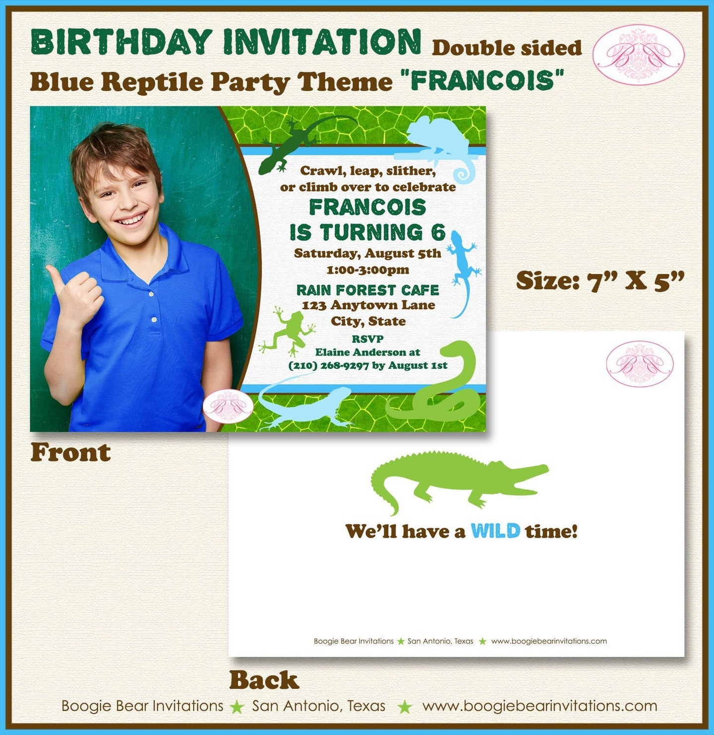 Reptile Birthday Party Invitation Photo Blue Snake Lizard Frog Chameleon Boogie Bear Invitations Francois Theme Paperless Printable Printed