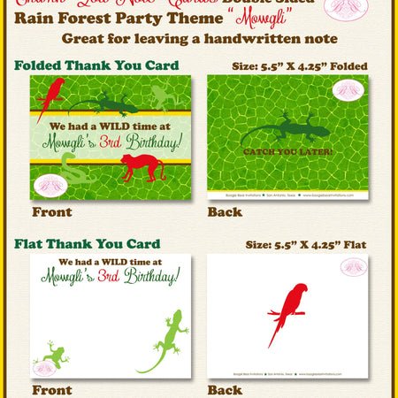 Rain Forest Party Thank You Card Birthday Boy Girl Frog Lizard Parrot Bird Monkey Snake Gecko Boogie Bear Invitations Mowgli Theme Printed