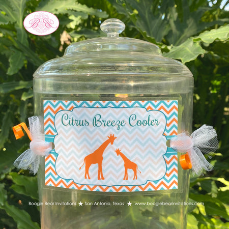 Giraffe Baby Shower Party Beverage Card Wrap Birthday Drink Label Aqua Turquoise Teal Orange Boy Girl Boogie Bear Invitations Kelly Theme