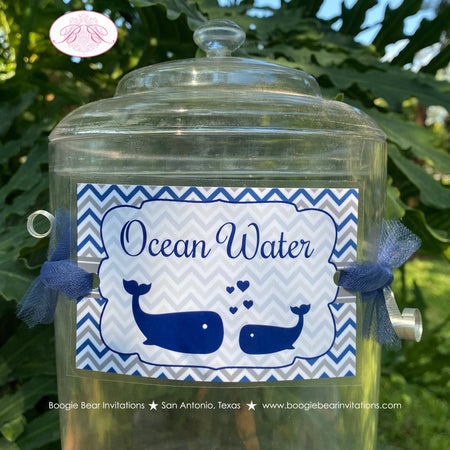 Whale Baby Shower Party Beverage Card Wrap Birthday Drink Label Navy Blue Grey Gray Swimming Boy Girl Boogie Bear Invitations Kristy Theme