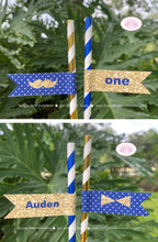 Load image into Gallery viewer, Mr. Wonderful Party Birthday Paper Straws Pennant 1st ONE Onederful Bow Tie Navy Blue Gold Little Man Boogie Bear Invitations Auden Theme