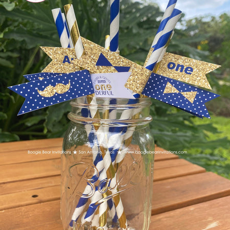 Mr. Wonderful Party Birthday Paper Straws Pennant 1st ONE Onederful Bow Tie Navy Blue Gold Little Man Boogie Bear Invitations Auden Theme
