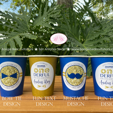 Mr Wonderful 1st Birthday Party Beverage Cups Paper Drink ONE Boy Mustache Onederful Blue Glitter Gold Boogie Bear Invitations Auden Theme