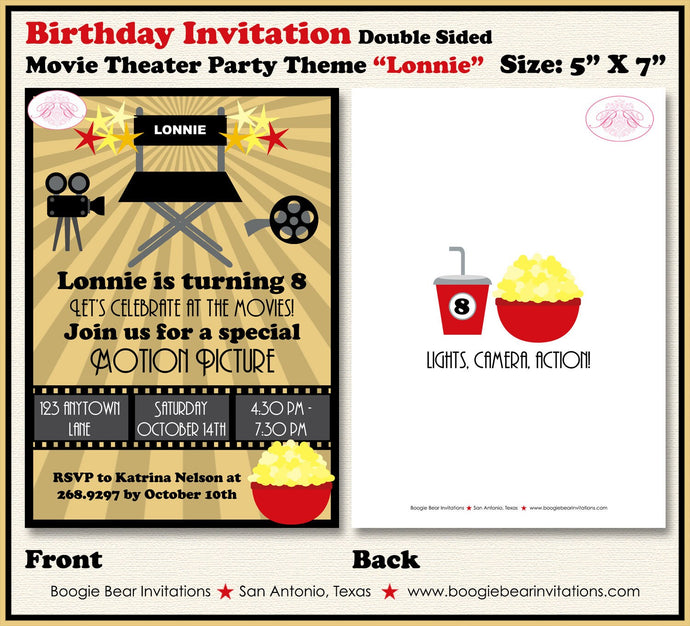 Movie Theater Birthday Party Invitation Cinema Ticket Actor Motion Picture Boogie Bear Invitations Lonnie Theme Paperless Printable Printed