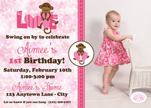 Load image into Gallery viewer, Pink Monkey Birthday Party Invitation Photo Girl Love Valentine&#39;s Day Heart Boogie Bear Invitations Aimee Theme Paperless Printable Printed