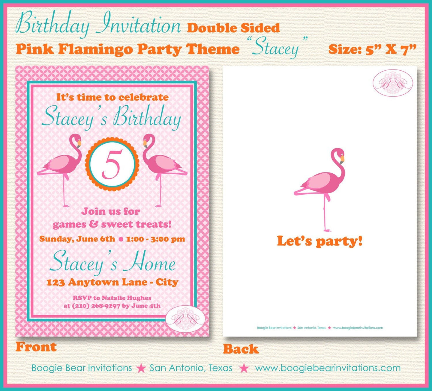 Pink Flamingo Birthday Party Invitation Girl Orange Flamingle Tropical Pool Boogie Bear Invitations Stacey Theme Paperless Printable Printed