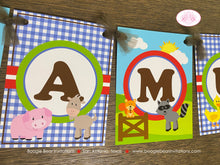 Load image into Gallery viewer, Petting Zoo Birthday Party Banner Name Farm Animals Boy Girl Country Barn Woodland Creatures Gingham Boogie Bear Invitations Samuel Theme