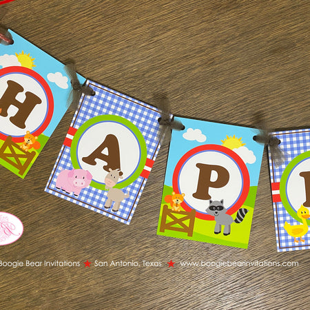 Petting Zoo Birthday Party Banner Happy Farm Animals Boy Girl Country Barn Woodland Creatures Gingham Boogie Bear Invitations Samuel Theme