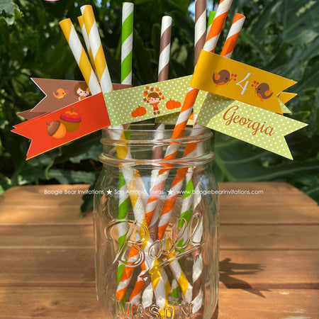 Autumn Girl Party Pennant Straws Paper Drink Birthday Harvest Fall Pumpkin Farm Apple Woodland Animals Boogie Bear Invitations Georgia Theme