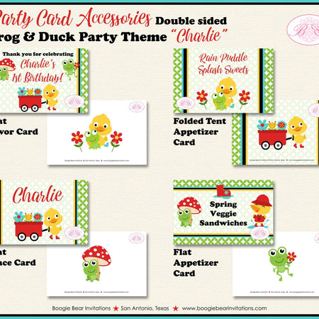 Frog Duck Birthday Party Favor Card Appetizer Food Folded Tent Boy Girl Red Spring Garden Rain Boogie Bear Invitations Charlie Theme Printed