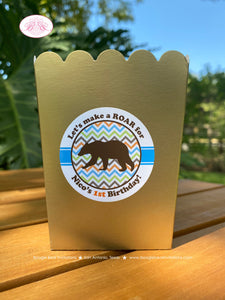 Grizzly Bear Popcorn Boxes Mini Food Buffet Birthday Party Cover Green Orange Blue Brown Gold Kodiak Roar Boogie Bear Invitations Nico Theme