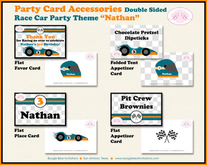 Race Car Birthday Party Favor Card Tent Appetizer Place Orange Teal Boy Girl Checkered Flag Boogie Bear Invitations Nathan Theme Printed