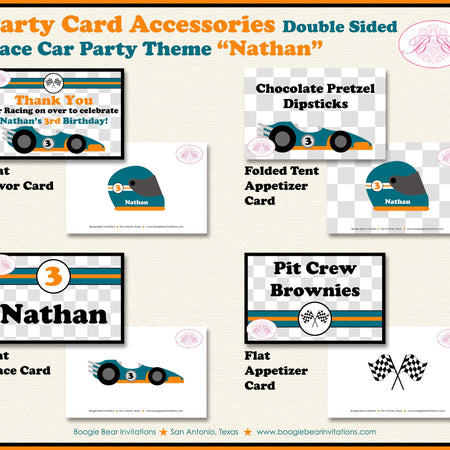 Race Car Birthday Party Favor Card Tent Appetizer Place Orange Teal Boy Girl Checkered Flag Boogie Bear Invitations Nathan Theme Printed