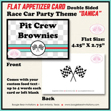 Load image into Gallery viewer, Race Car Birthday Party Favor Card Tent Place Appetizer Food Red Aqua Boy Girl Checkered Flag Boogie Bear Invitations Danica Theme Printed