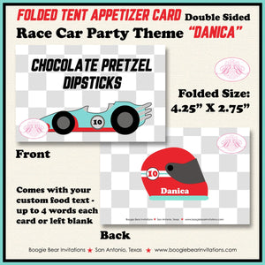 Race Car Birthday Party Favor Card Tent Place Appetizer Food Red Aqua Boy Girl Checkered Flag Boogie Bear Invitations Danica Theme Printed