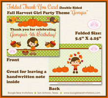 Load image into Gallery viewer, Harvest Girl Birthday Party Thank You Note Card Autumn Fall Pumpkin Country Forest Woodland Boogie Bear Invitations Georgia Theme Printed