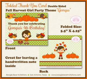 Harvest Girl Birthday Party Thank You Note Card Autumn Fall Pumpkin Country Forest Woodland Boogie Bear Invitations Georgia Theme Printed