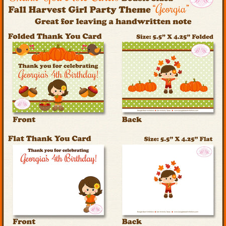 Harvest Girl Birthday Party Thank You Note Card Autumn Fall Pumpkin Country Forest Woodland Boogie Bear Invitations Georgia Theme Printed