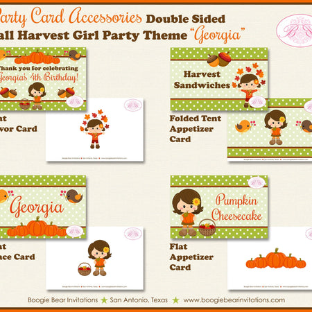 Harvest Girl Birthday Favor Party Card Tent Place Appetizer Food Autumn Fall Woodland Pumpkin Boogie Bear Invitations Georgia Theme Printed