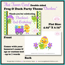 Load image into Gallery viewer, Frog Duck Birthday Party Favor Card Appetizer Food Folded Tent Girl Purple Spring Garden Rain Boogie Bear Invitations Charlene Theme Printed