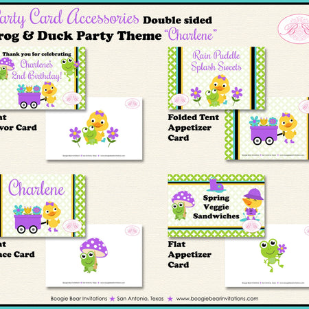 Frog Duck Birthday Party Favor Card Appetizer Food Folded Tent Girl Purple Spring Garden Rain Boogie Bear Invitations Charlene Theme Printed