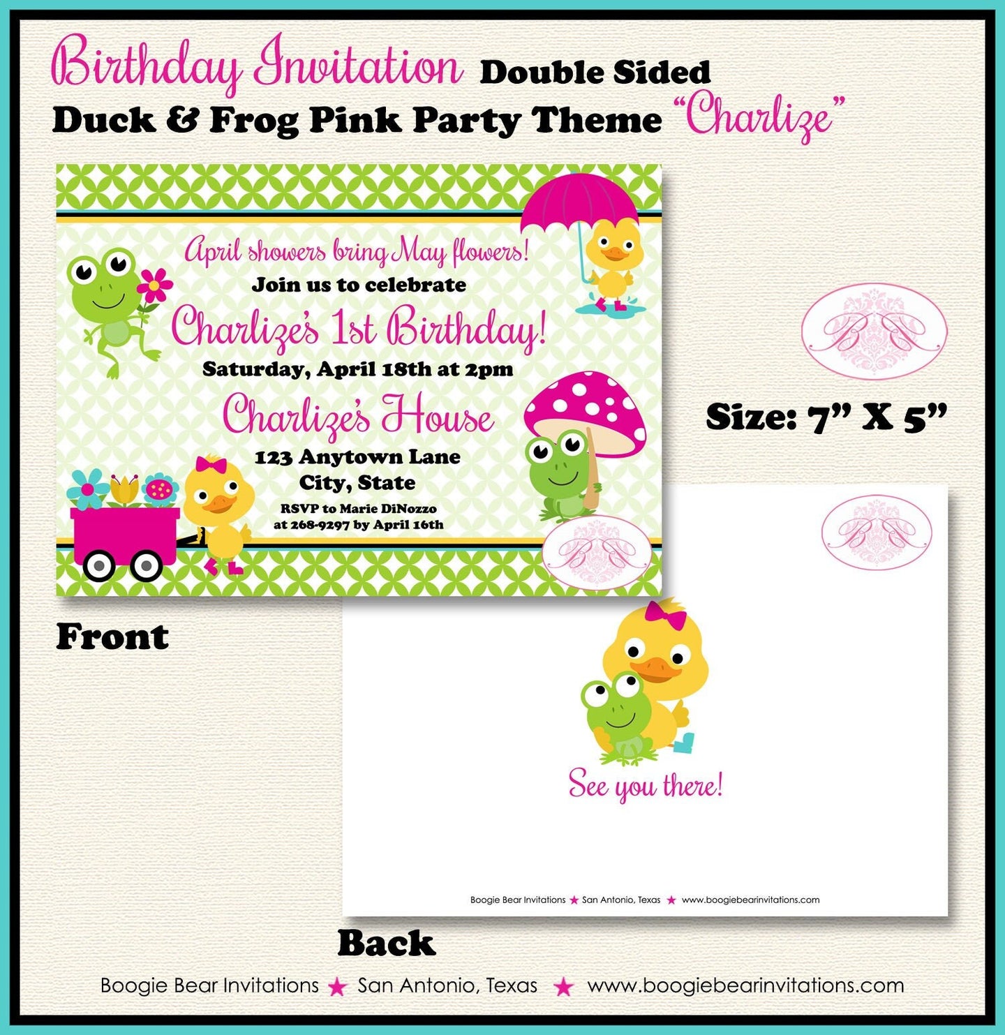 Frog Duck Spring Birthday Party Invitation Garden Girl Pink Gardening Boogie Bear Invitations Charlize Theme Paperless Printable Printed