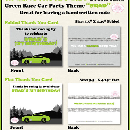 Green Race Car Birthday Party Thank You Card Note Circuit Course Sports Coupe Racing Lime Black Boogie Bear Invitations Brad Theme Printed